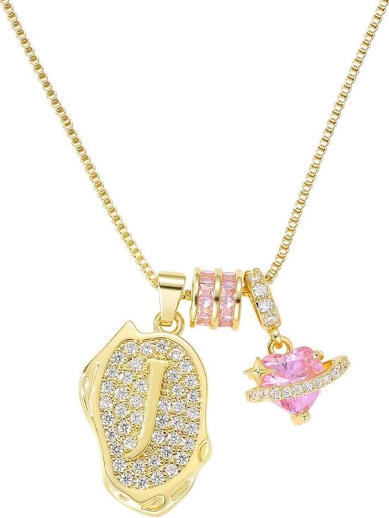 Jewelry - 14K Gold Plated Heart Planet Pendant Necklace for Women - Stylish Letter Jewelry
